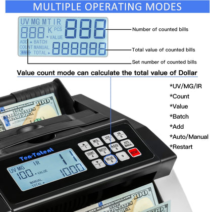 Bill Counter Machine, Money Counting Machine with UV/MG/MT/IR Counterfeit Detection, Count Value of Bills, Valucount, Add and Batch Modes, Large LED Display, 1,000 Bills/Min (Black)