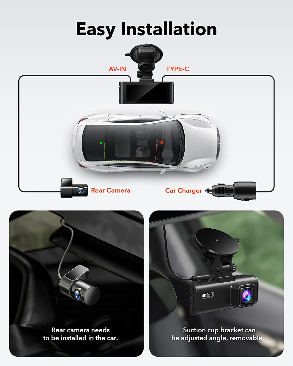 Dash Cam Front Rear, 4K/2.5K Full HD Dash Camera for Cars, Free 32GB SD Card, Built-In Wi-Fi GPS, 3.18” IPS Screen, Night Vision, 170°Wide Angle, WDR, 24H Parking Mode
