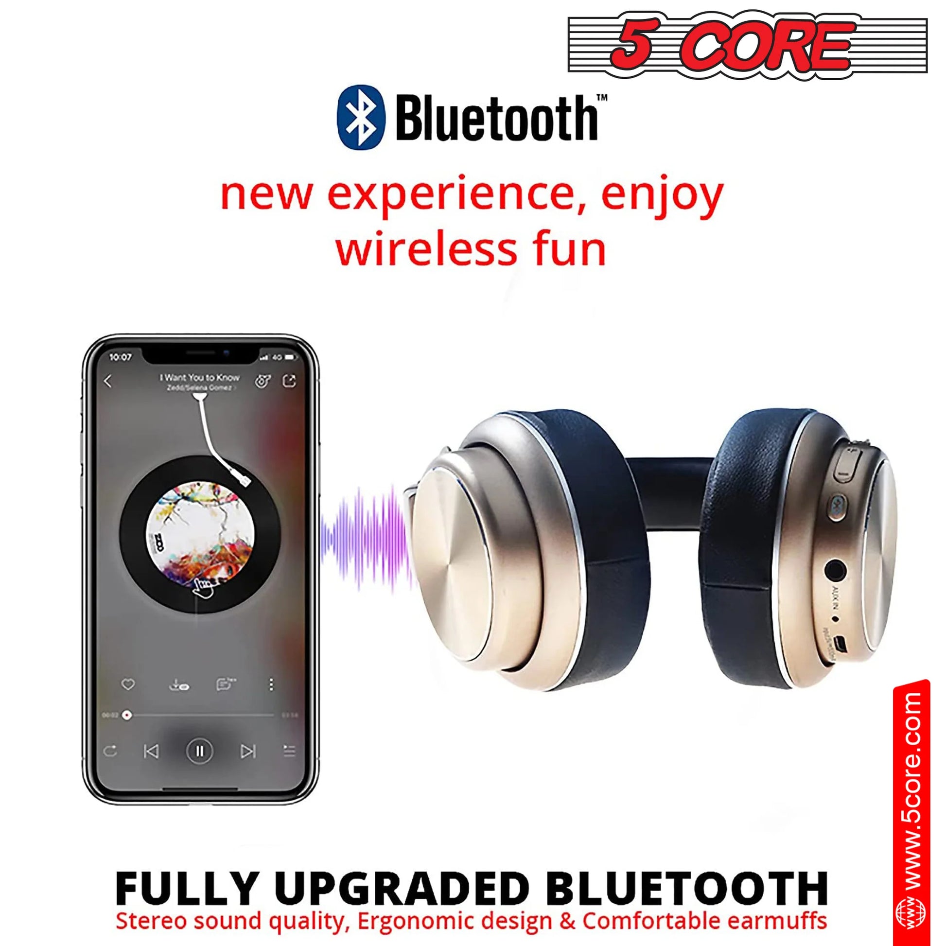5 Core Bluetooth Headphones Gold Color| Premium over Ear Bluetooth Headset| Hifi Stereo Foldable Lightweight Headset, Deep Bass | Headphones for Travel Smartphone Computer Laptop- HEADPHONE 13 G